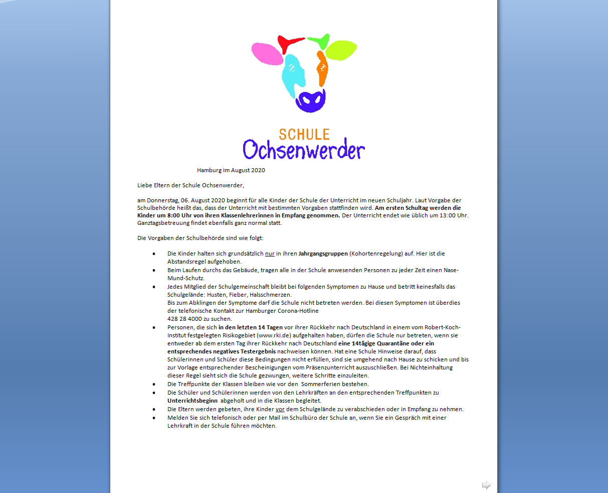 Schulbrief 2 Corona Schule Ochsenwerder